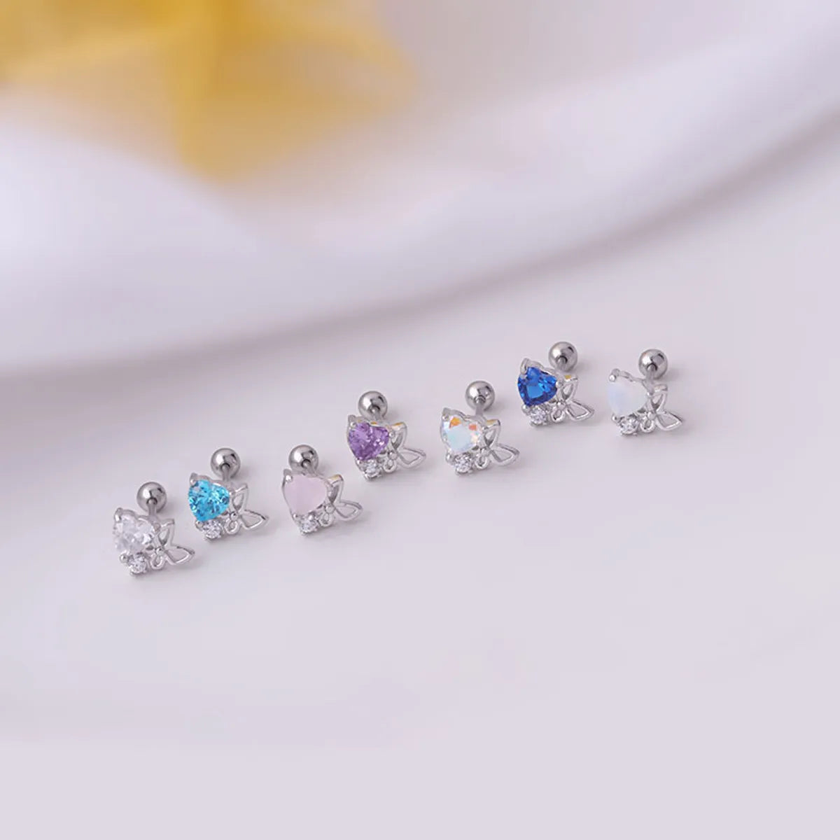 0.8mm Thin Rod Titanium Steel Heart Zircon Butterfly Korean Single Stud Earrings