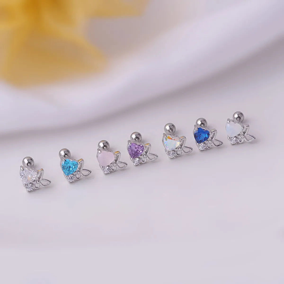 0.8mm Thin Rod Titanium Steel Heart Zircon Butterfly Korean Single Stud Earrings