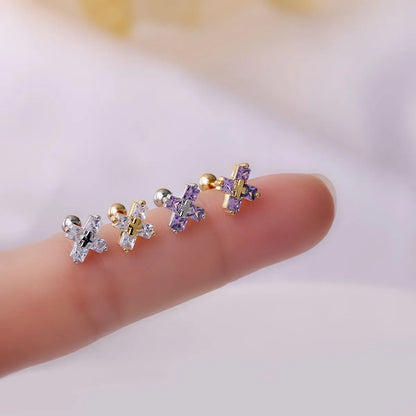 0.8mm Titanium Steel Thin Rod Cross Zircon Single Ear Bone Earrings