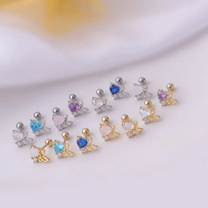 0.8mm Thin Rod Titanium Steel Heart Zircon Butterfly Korean Single Stud Earrings