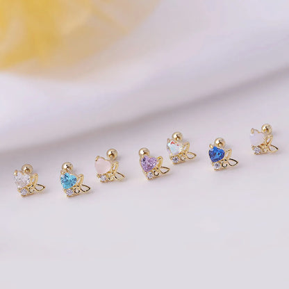 0.8mm Thin Rod Titanium Steel Heart Zircon Butterfly Korean Single Stud Earrings