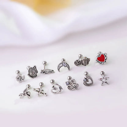 0.8mm Titanium Steel Thin Rod Ear Studs Retro Butterfly Flower Heart Moon Single Ear Studs