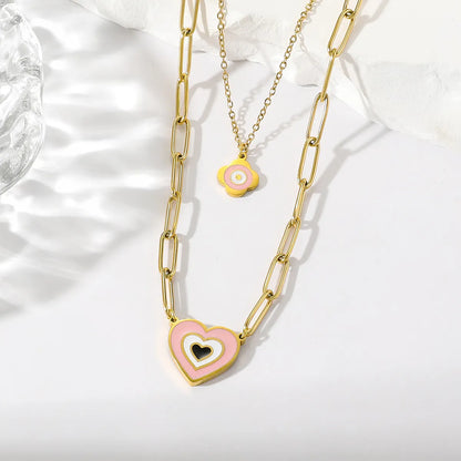 1 Elegant Real Gold Electroplating Oil Dripping Candy Color Flower Love Multi-layer Necklace All-match Stainless Steel Imitation Fade Double-layer Clavicle Chain