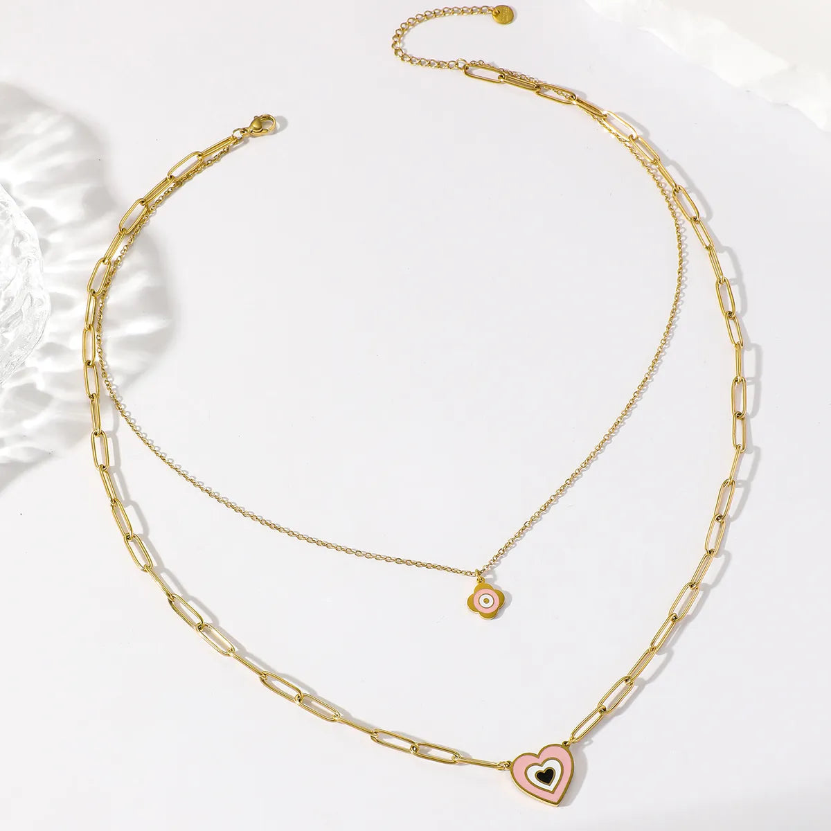 1 Elegant Real Gold Electroplating Oil Dripping Candy Color Flower Love Multi-layer Necklace All-match Stainless Steel Imitation Fade Double-layer Clavicle Chain