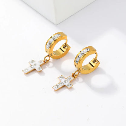 1 Pair Artistic Cross Plating Inlay Stainless Steel Rhinestones 18K Gold Plated Drop Earrings