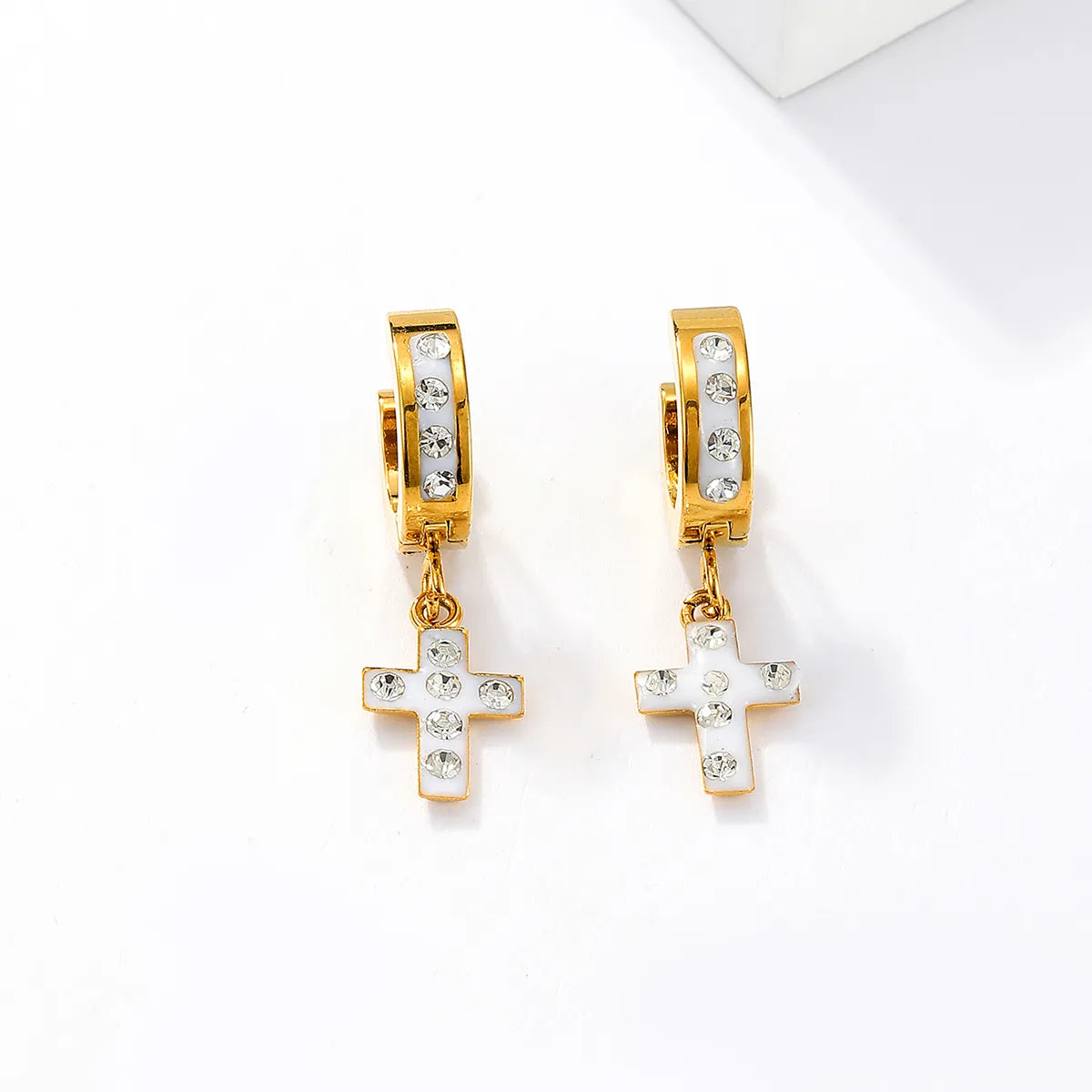 1 Pair Artistic Cross Plating Inlay Stainless Steel Rhinestones 18K Gold Plated Drop Earrings