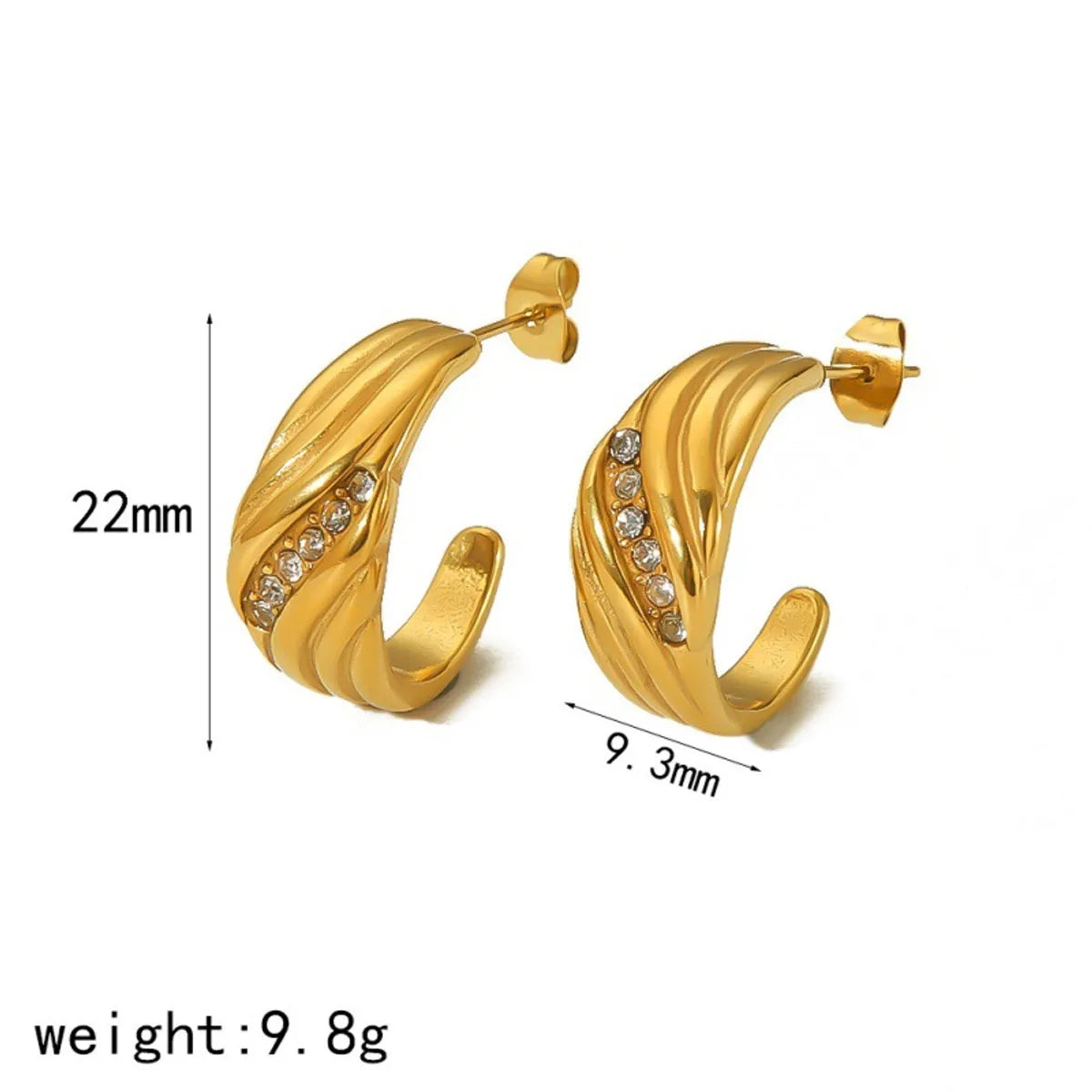 1 Pair Basic Classic Style Commute C Shape Geometric Solid Color Three-Dimensional Inlay 304 Stainless Steel Zircon 18K Gold Plated Ear Studs