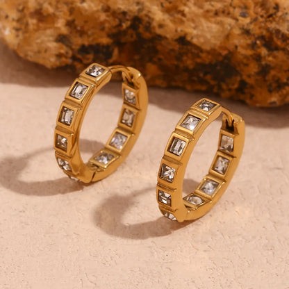 1 Pair Basic Classic Style Geometric Plating Inlay 304 Stainless Steel Rhinestones 18K Gold Plated Earrings