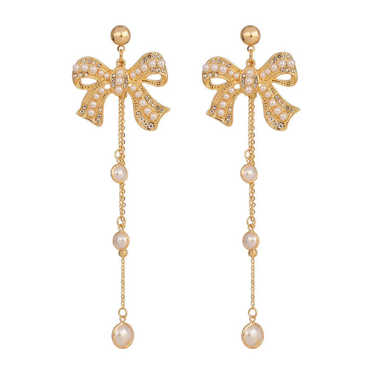 1 Pair Basic Geometric Bow Knot Tassel Plating Inlay Alloy Rhinestones Pearl Drop Earrings