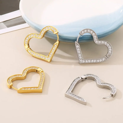 1 Pair Basic Heart Shape Inlay Titanium Steel Zircon Earrings