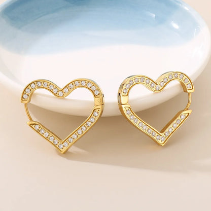 1 Pair Basic Heart Shape Inlay Titanium Steel Zircon Earrings