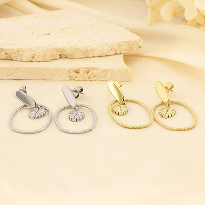 1 Pair Basic Leaves Plating Hollow Out Stainless Steel Gold Plated Drop Earrings