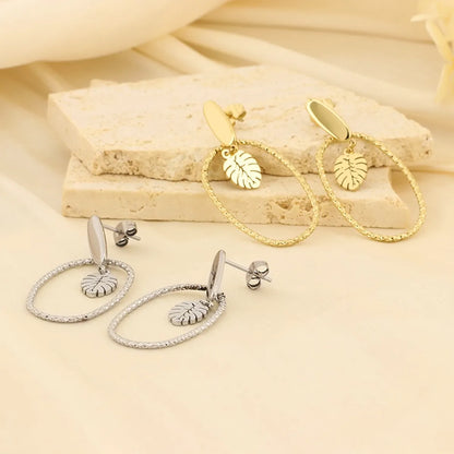 1 Pair Basic Leaves Plating Hollow Out Stainless Steel Gold Plated Drop Earrings