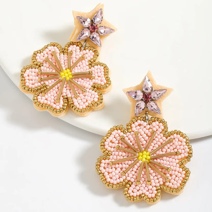 1 Pair Basic Modern Style Classic Style Flower Beaded Inlay Seed Bead Rhinestones Drop Earrings