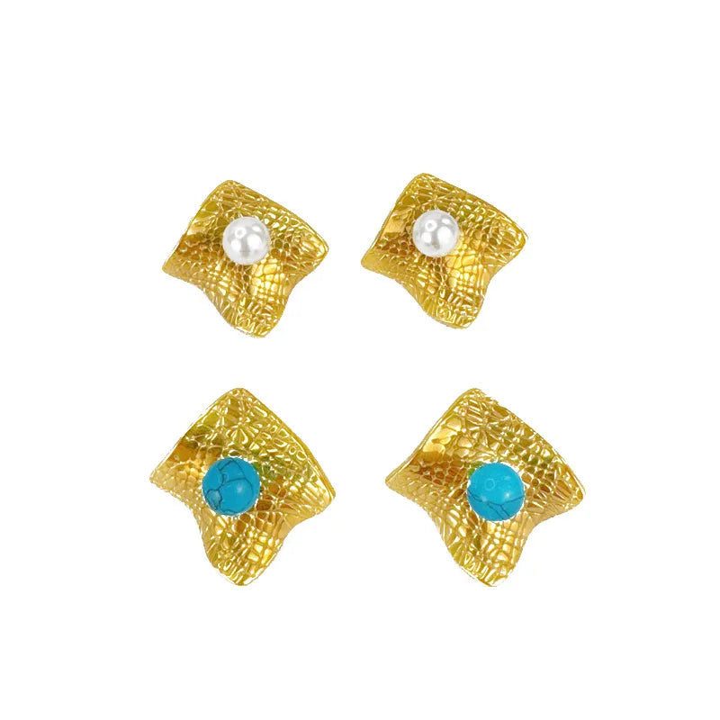 1 Pair Basic Modern Style Classic Style Geometric Plating Inlay 304 Stainless Steel Artificial Pearls Turquoise 18K Gold Plated Ear Studs