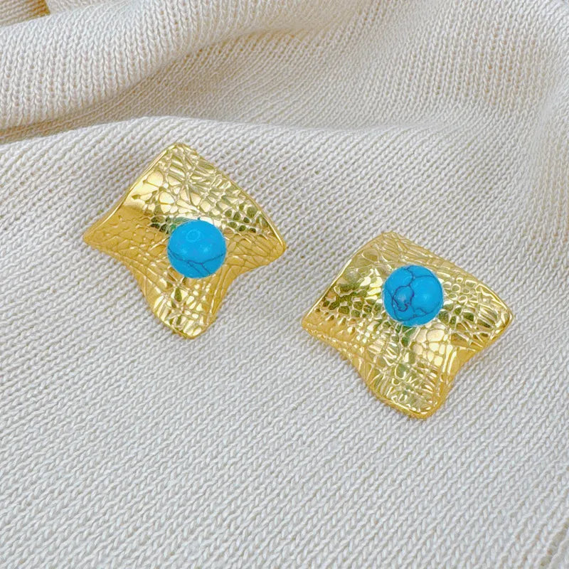 1 Pair Basic Modern Style Classic Style Geometric Plating Inlay 304 Stainless Steel Artificial Pearls Turquoise 18K Gold Plated Ear Studs