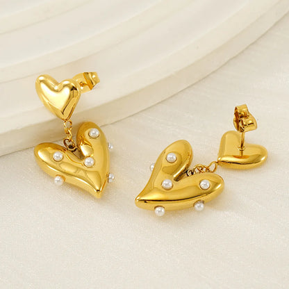 1 Pair Basic Modern Style Classic Style Heart Shape Plating Inlay 304 Stainless Steel Artificial Pearls 18K Gold Plated Drop Earrings