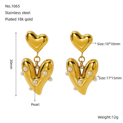 1 Pair Basic Modern Style Classic Style Heart Shape Plating Inlay 304 Stainless Steel Artificial Pearls 18K Gold Plated Drop Earrings