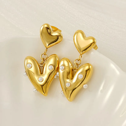 1 Pair Basic Modern Style Classic Style Heart Shape Plating Inlay 304 Stainless Steel Artificial Pearls 18K Gold Plated Drop Earrings