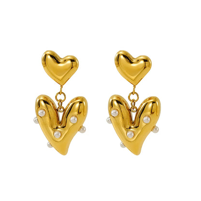 1 Pair Basic Modern Style Classic Style Heart Shape Plating Inlay 304 Stainless Steel Artificial Pearls 18K Gold Plated Drop Earrings