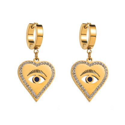 1 Pair Basic Modern Style Classic Style Round Heart Shape Eye Inlay 304 Stainless Steel Rhinestones 18K Gold Plated Drop Earrings