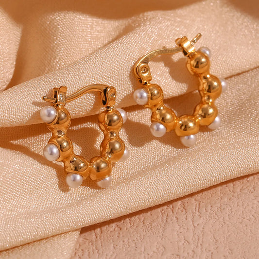 1 Pair Basic Simple Style Classic Style Irregular Plating Inlay Stainless Steel Artificial Pearls 18k Gold Plated Hoop Earrings