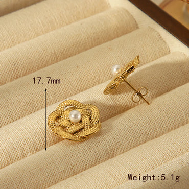 1 Pair Basic Vintage Style Commute Flower Plating Inlay 304 Stainless Steel Artificial Pearls 18K Gold Plated Ear Studs