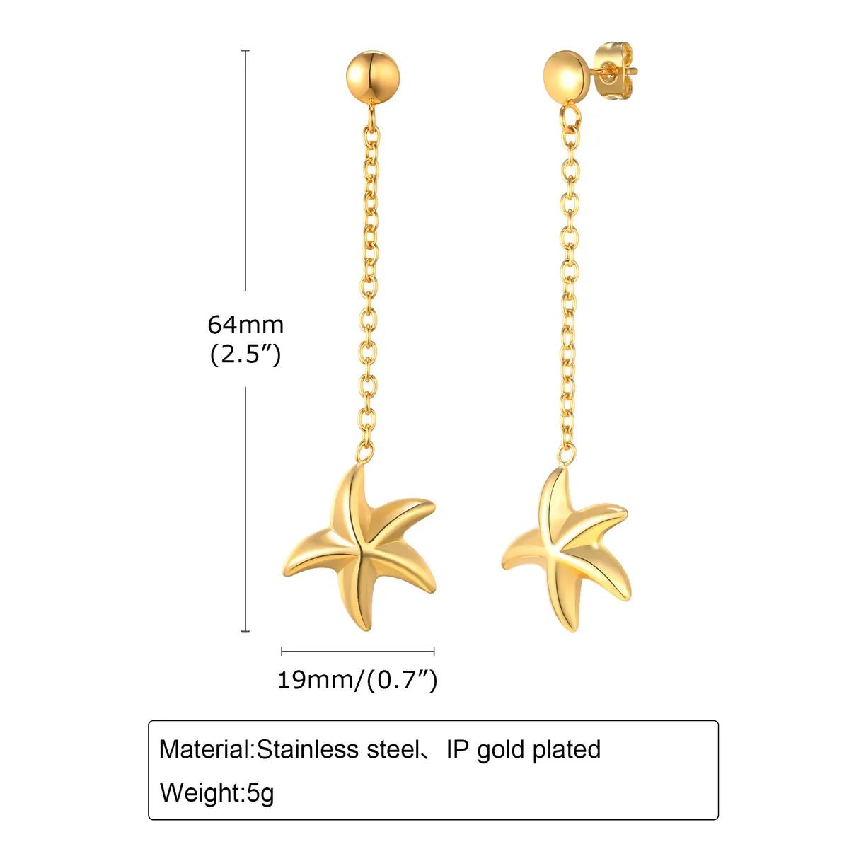 1 Pair Beach Simple Style Starfish Plating 201 Stainless Steel 18K Gold Plated Drop Earrings