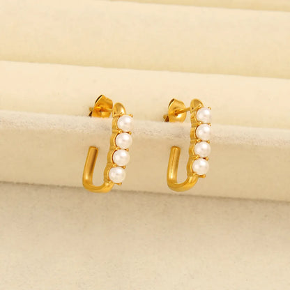 1 Pair Beach Sweet C Shape Inlay 304 Stainless Steel 316 Stainless Steel  Glass Pearl 18K Gold Plated Ear Studs