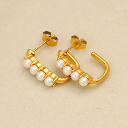 1 Pair Beach Sweet C Shape Inlay 304 Stainless Steel 316 Stainless Steel  Glass Pearl 18K Gold Plated Ear Studs