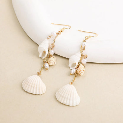 1 Pair Bohemian Beach Tropical Conch Shell Pearl Alloy Drop Earrings