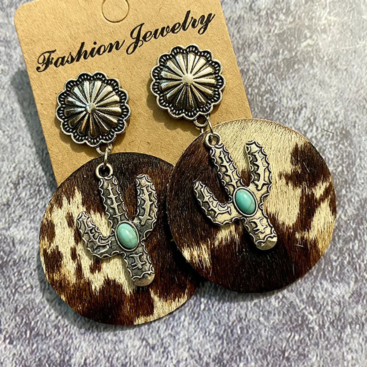 1 Pair Bohemian Cactus Alloy Leather Inlay Turquoise Women's Drop Earrings