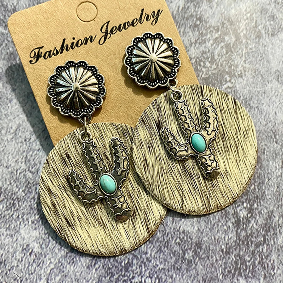 1 Pair Bohemian Cactus Alloy Leather Inlay Turquoise Women's Drop Earrings