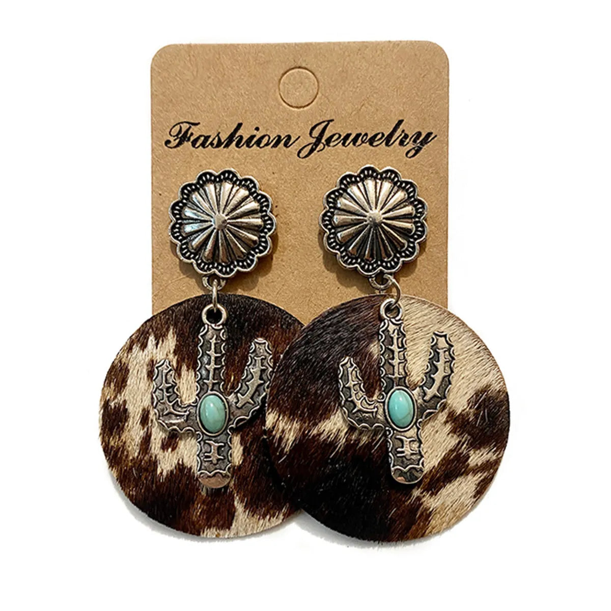 1 Pair Bohemian Cactus Alloy Leather Inlay Turquoise Women's Drop Earrings