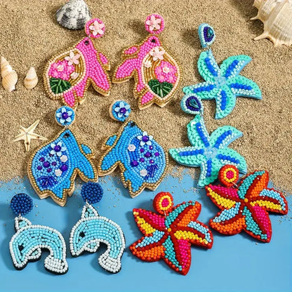 1 Pair Bohemian Classic Style Starfish Dolphin Beaded Inlay Plastic Seed Bead Rhinestones Drop Earrings