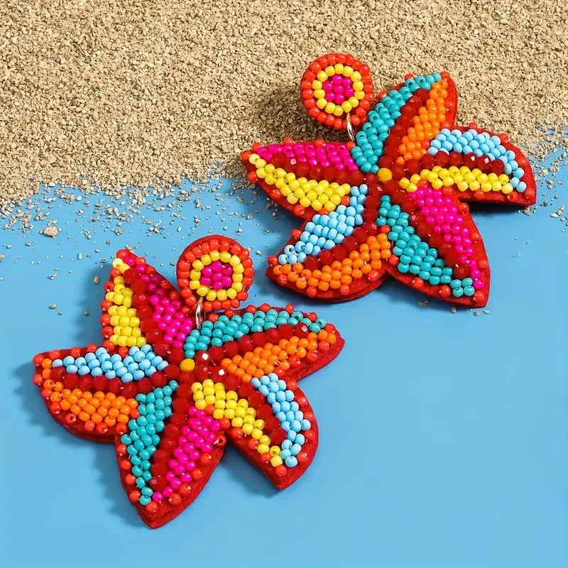 1 Pair Bohemian Classic Style Starfish Dolphin Beaded Inlay Plastic Seed Bead Rhinestones Drop Earrings