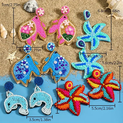 1 Pair Bohemian Classic Style Starfish Dolphin Beaded Inlay Plastic Seed Bead Rhinestones Drop Earrings