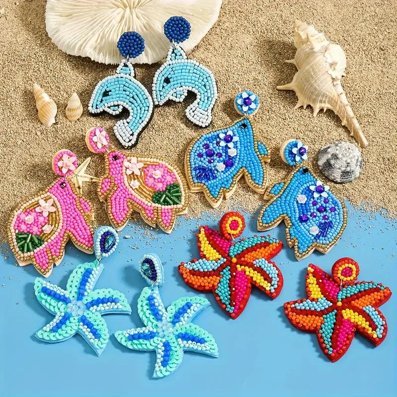 1 Pair Bohemian Classic Style Starfish Dolphin Beaded Inlay Plastic Seed Bead Rhinestones Drop Earrings