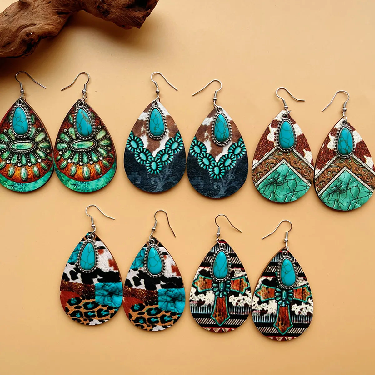 1 Pair Bohemian Classic Style Streetwear Geometric Color Block Water Droplets Plating Inlay Alloy Wood Turquoise Drop Earrings