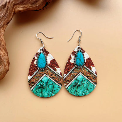 1 Pair Bohemian Classic Style Streetwear Geometric Color Block Water Droplets Plating Inlay Alloy Wood Turquoise Drop Earrings