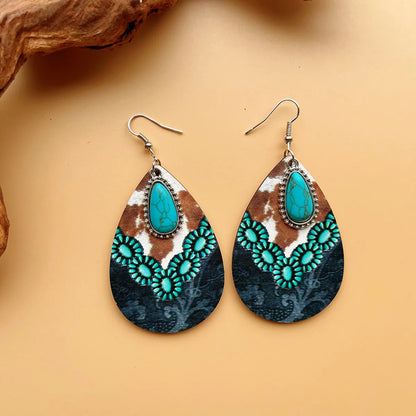 1 Pair Bohemian Classic Style Streetwear Geometric Color Block Water Droplets Plating Inlay Alloy Wood Turquoise Drop Earrings