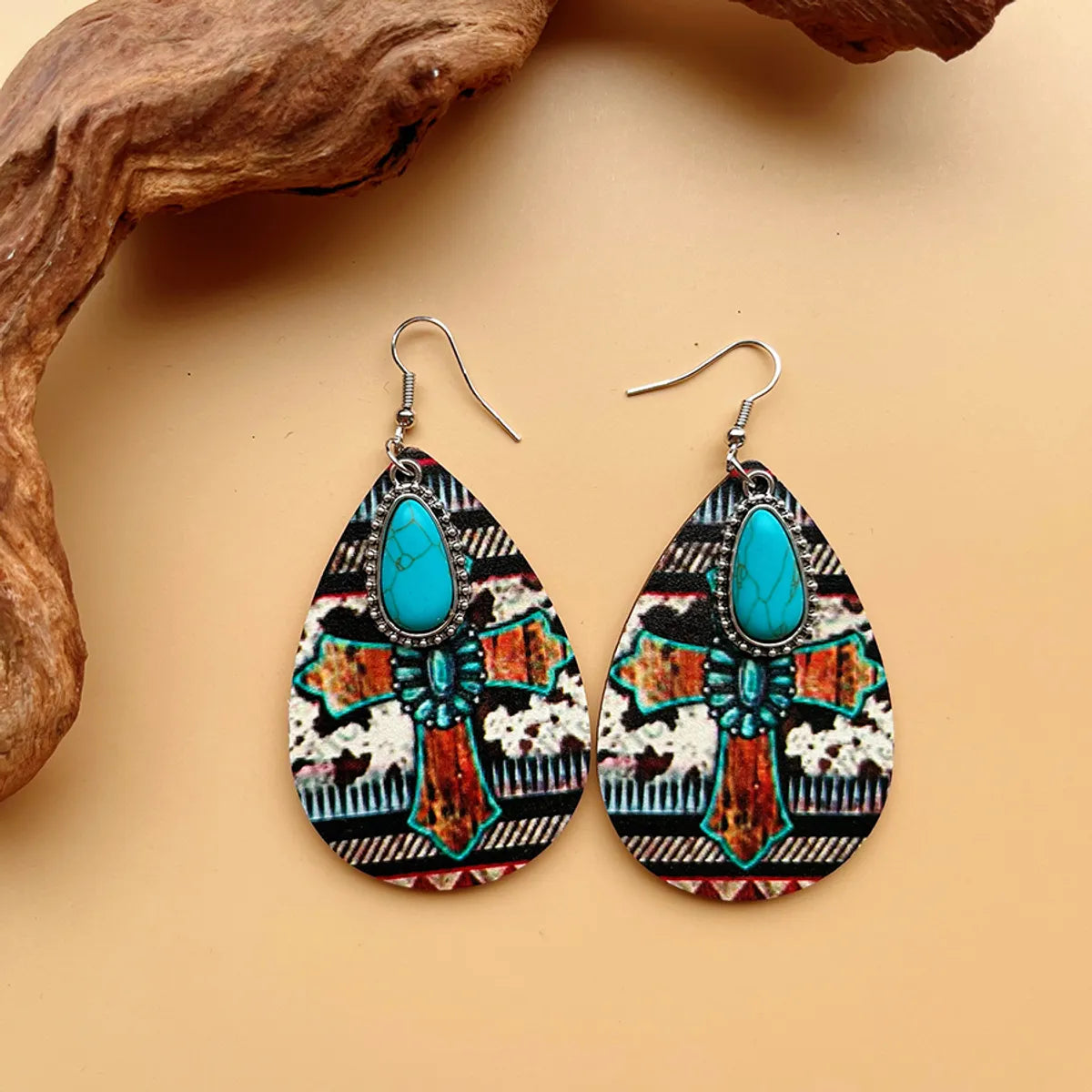 1 Pair Bohemian Classic Style Streetwear Geometric Color Block Water Droplets Plating Inlay Alloy Wood Turquoise Drop Earrings