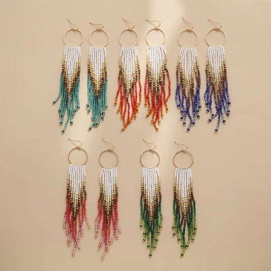 1 Pair Bohemian Color Block Beaded Tassel Seed Bead Drop Earrings