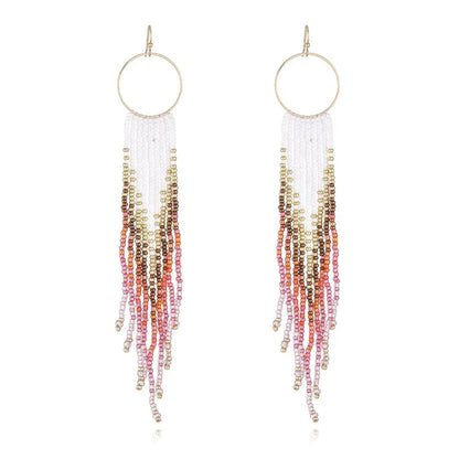 1 Pair Bohemian Color Block Beaded Tassel Seed Bead Drop Earrings