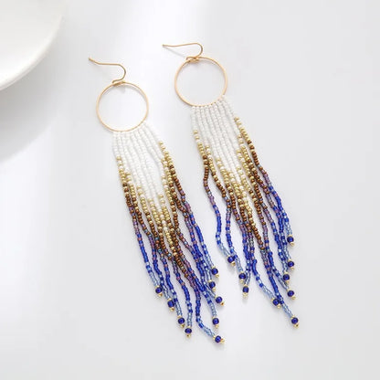 1 Pair Bohemian Color Block Beaded Tassel Seed Bead Drop Earrings