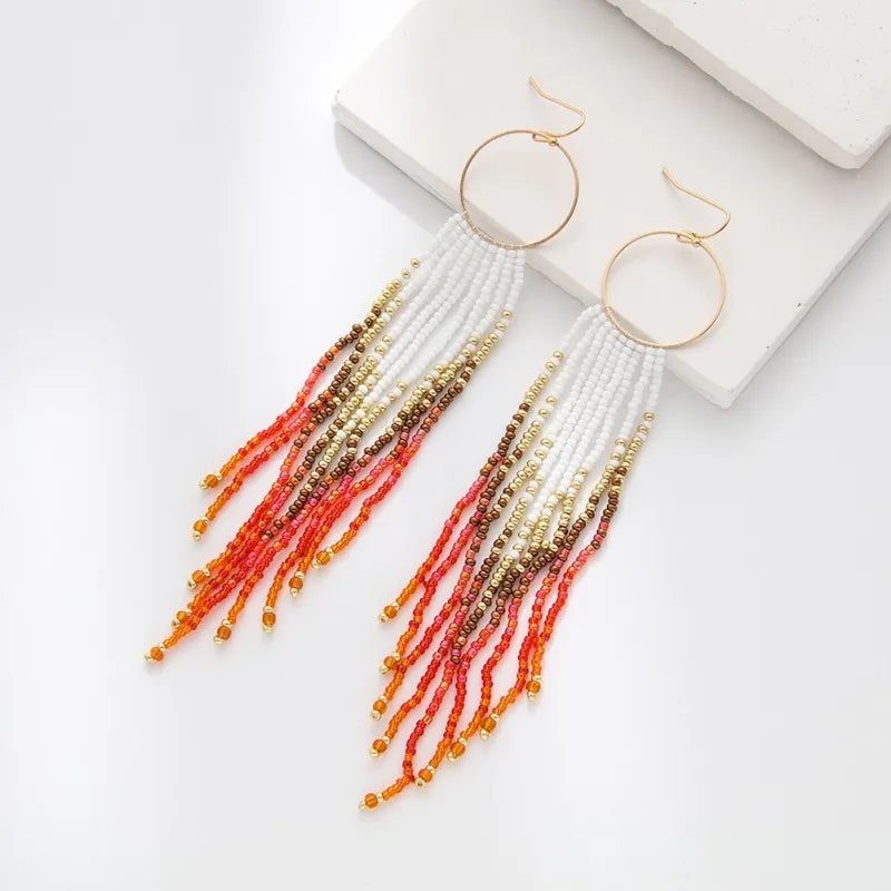 1 Pair Bohemian Color Block Beaded Tassel Seed Bead Drop Earrings