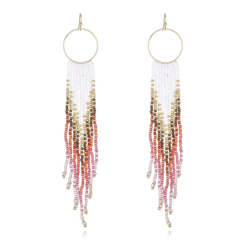 1 Pair Bohemian Color Block Beaded Tassel Seed Bead Drop Earrings