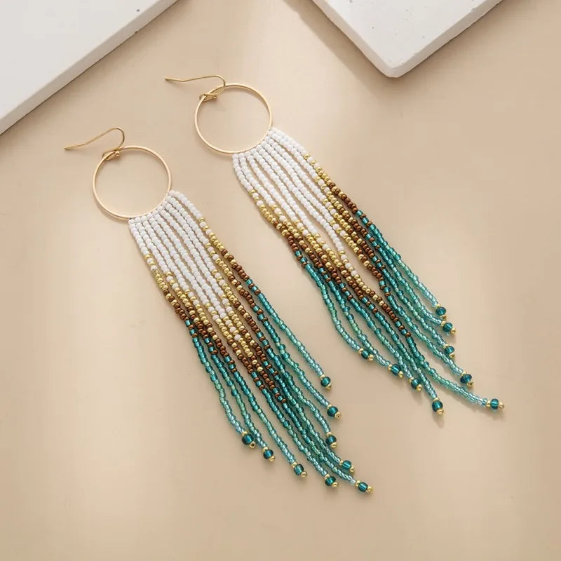 1 Pair Bohemian Color Block Beaded Tassel Seed Bead Drop Earrings