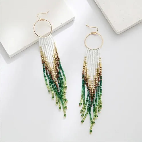 1 Pair Bohemian Color Block Beaded Tassel Seed Bead Drop Earrings