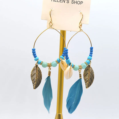 1 Pair Bohemian Conch Feather Drop Earrings